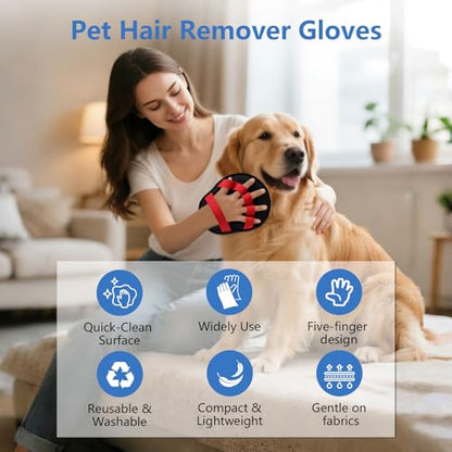 Pet Hair Removal Glove for Dogs & Cats, Reusable Washable Electrostatic Pet Hair Remover Glove, Pet Hair Mitt with Finger Straps for Couch, Carpet, Car Seats, Clothes, Furniture, Red - color: Red