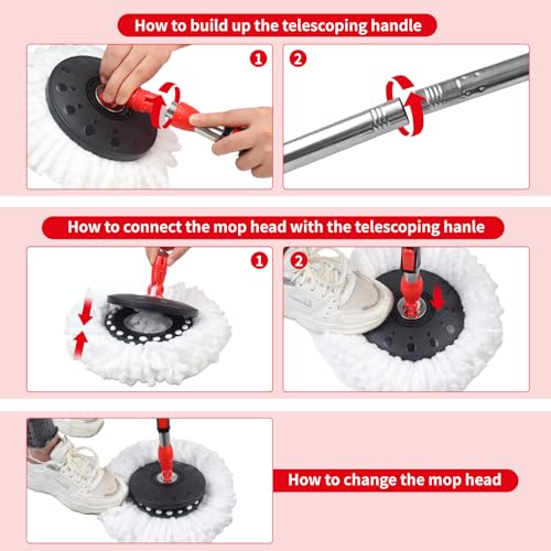 Spin Mop and Bucket with Wringer Set,360° Mop and Bucket System with 3 Microfiber Mop Refills and 59" Extended Handle for Floor Cleaning