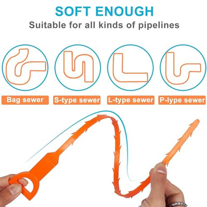 5Pcs Drain Snake, 20In Flexible Durable Sink Snake Auger Cleaner Tool with Barbed Teeth for Kitchen Bathroom Shower Tub Toilet Sewer, Clog Hair Remover Tool, Easy to Use Drain Opener, Orange