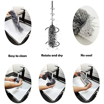 5-in-1 Microfiber Duster with Extension Pole (30-100") Kit for High Ceiling, Fan, Cobweb, Blind & Furniture, Bendable Washable Heads, Reusable Dusters for Cleaning