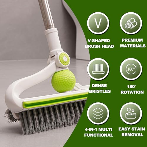 Floor Scrub Brush with Long Handle, 4 in 1 Scrape and Heavy-Duty Stiff Bristle Scrubber Brush for Cleaning Shower Bathroom, Patio, Pool, Garage, Kitchen, Wall and Deck