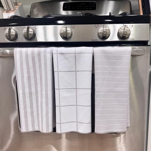 HALL & PERRY Kitchen Tea Towel, Ultra Soft, Quick Dry Microfiber Dish Cloths - 18"x30" Premium Quality Waffle Towel - Stripes and Plaid, Taupe (2, Maxwell) - color: Maxwell