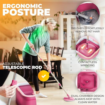 Spin Mop and Bucket Set with Wringer – Dual-Chamber Self Wringing Mop, Flat Microfiber Mop for Hardwood, Tile & Vinyl Floors, 2 Washable Replacement Heads, 63" Handle, Pink - color: Pink