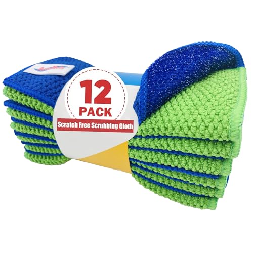 12-Pack Reusable, Scrub Dish Cloth –Non-Scratch Microfiber Scrubber, Planet-Friendly, Easy Rinsing, Quick Dry, Dishwasher Safe Cloth for Kitchen & Household, 5.5 x 5.5 Inch, Blue & Green Assorted