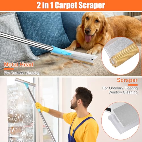 Carpet Rake for Pet Hair Removal, 2 in 1 Pet Hair Remover Tool with Squeegee, Durable Sturdy Dog Cat Hair Rake, 60‘’ Adjustable Handle, 12'' Wide Rake Scraper Carpet Broom for Carpet Rug Mat Cleaning