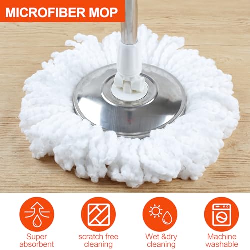 Spin Mop Replacement Handle,360°Spin Mop Pole Handle Replacement Rotating Telescopic Stick for Head Replace, 2 Microfiber Mop,37-to-61 inch Mop Stick Spinning Household Cleaning Accessories for Home