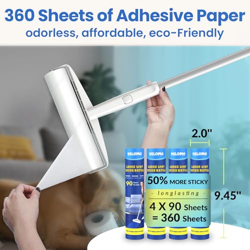 Large Lint Roller for Floors Carpet Furniture Bed – 9.45" Wide Extra Sticky Pet Hair Remover, 4 Refills 360 Sheets Value Pack, Long Handle for No-Bending Cleaning –Ideal for Dog Cat Owners Homes - size: A: 1 Roller + 4 Refills (360 Sheets Total)