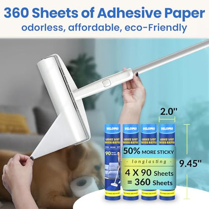 Large Lint Roller for Floors Carpet Furniture Bed – 9.45" Wide Extra Sticky Pet Hair Remover, 4 Refills 360 Sheets Value Pack, Long Handle for No-Bending Cleaning –Ideal for Dog Cat Owners Homes - size: A: 1 Roller + 4 Refills (360 Sheets Total)