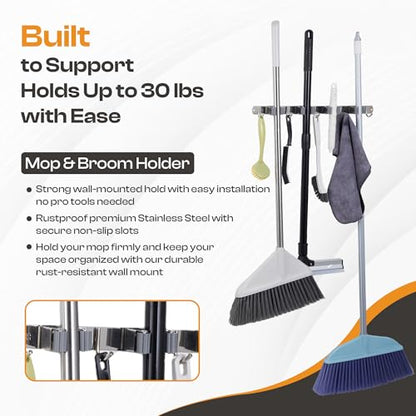 Heavy-Duty Stainless-Steel Broom Holder Wall Mount with 4 Racks and 5 Hooks | Rust Resistant Mop and Broom Hanger | Adjustable, Garage & Garden Tool Organizer | Silver Color - size: 4 Racks & 5 Hooks