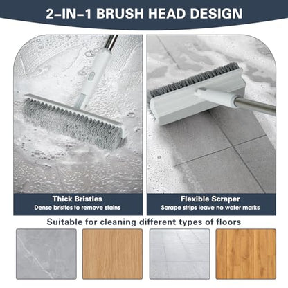 4 in 1 Disposable Dust Mop with Squeegee & Floor Scrub Brush with Long Handle, 2 Shiny Towels Wipes Cleaning Cloths, 2 Crevice Brush, Snap Grip Mini Mop for Windows Car Glass Floor Shower Bathroom