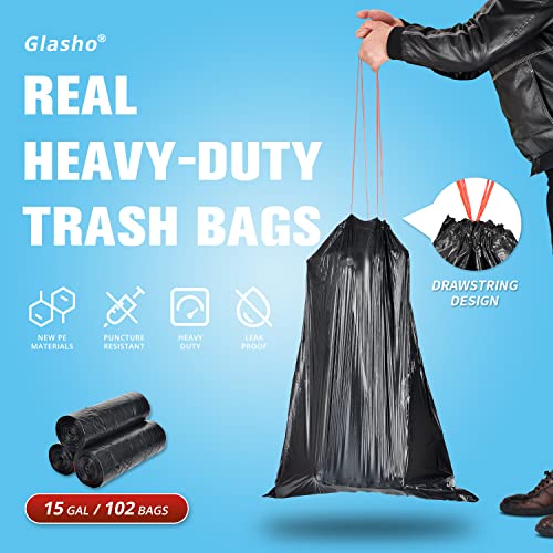 Ultra Strong 15 Gallon Drawstring Trash Bags (102 Count) Large Heavy Duty Thicken Plastic Tall Kitchen Garbage Bags Black for Kitchen Office Lawn Yard - size: 1 Count (Pack of 102)