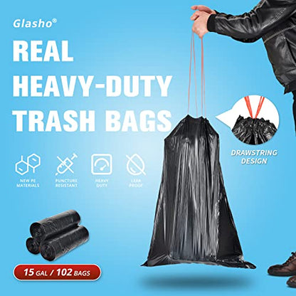 Ultra Strong 15 Gallon Drawstring Trash Bags (102 Count) Large Heavy Duty Thicken Plastic Tall Kitchen Garbage Bags Black for Kitchen Office Lawn Yard - size: 1 Count (Pack of 102)