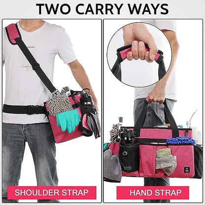 Large Cleaning Caddy Bag Built-in Sturdy Support Board, Cleaning Organizer with Detachable Divider, Cleaning Supply Tote with Adjustable Shoulder Strap&Waist Belt for Cleaners & Housekeeper - color: Rose Red