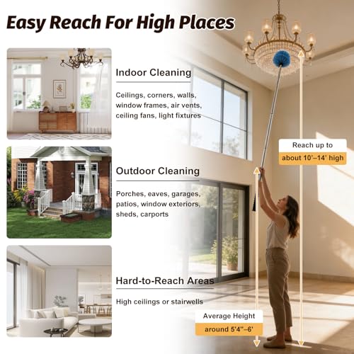 Cobweb Duster Brush with Extension Pole, Lightweight 5ft Long Spider Web Cobwebs Ceiling Fan Dust Cleaning Brush Kit with Washable Head,for Ceiling Fan, Furniture, Eaves,Vent, Roof House Cleaning - size: 5FT