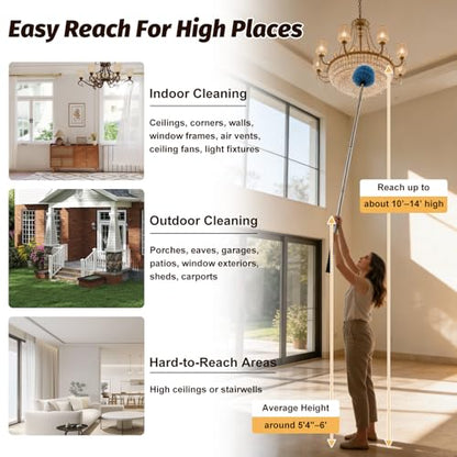 Cobweb Duster Brush with Extension Pole, Lightweight 5ft Long Spider Web Cobwebs Ceiling Fan Dust Cleaning Brush Kit with Washable Head,for Ceiling Fan, Furniture, Eaves,Vent, Roof House Cleaning - size: 5FT