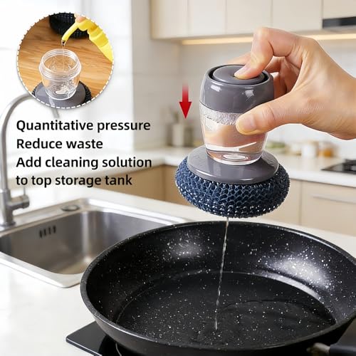 2-in-1 Soap Dispensing Dish Brush Set, with 6 Heads & Tray | PET soft for non-stick; steel wool for cast iron. Upgraded seal reduces leaks. 6 heads + drip tray