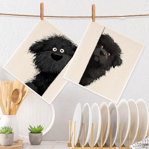 2 Pcs Cartoon Peeking Newfoundland Dog Swedish Dishcloths for Kitchen, Absorbent Reusable Paper Towels, Cute Puli Puppy Geometry Kitchen Towels for Bathroom Home, Dog Lover Gifts for Women - color: Sz 0750