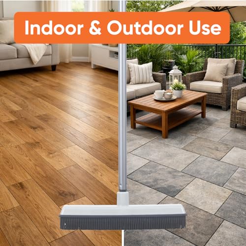 Rubber Bristle Broom for Hardwood Floors, Tiles, Carpets, Wood, and Vinyl, Salon Rubber Squeegee and Rug Rake for Human Hair, Pet Hair, Fur, and Lint, Grey, 2 Pack, by Superio - size: Full Broom (2 Pack)