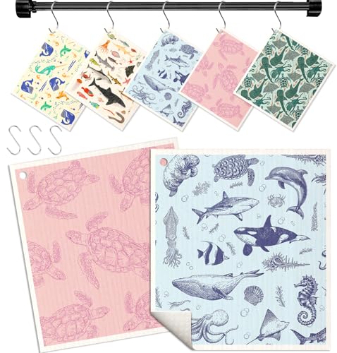 Miss Adola Swedish Dishcloths for Kitchen with Hooks - Reusable Dish Cloths for Washing Dishes Fast Drying Cute Fun 5 Pack Swedish Dish Towels Washable Cleaning Sponge, Deep Sea Fish - color: Deep Sea Fish