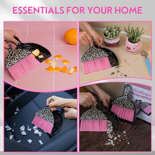 THINKLEARN 2PCS Small Dust Pan and Brush Set, Mini Broom Dustpan Kit | Portable Brush Dustpan Combo Set, Pink Leopard Print Design, Compact Cleaning Supplies - color: Pink