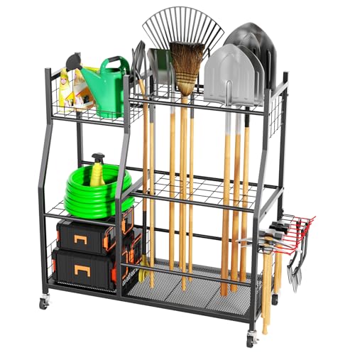 Garden Tool Organizer with Wheels for Garage, Freestanding Garage Tool Organizer, Yard Tool Holder, Garden Tool Cart for Long Handled Tools,Rakes, Brooms, Yard Storage Rack for Shed, Indoor, Outdoor