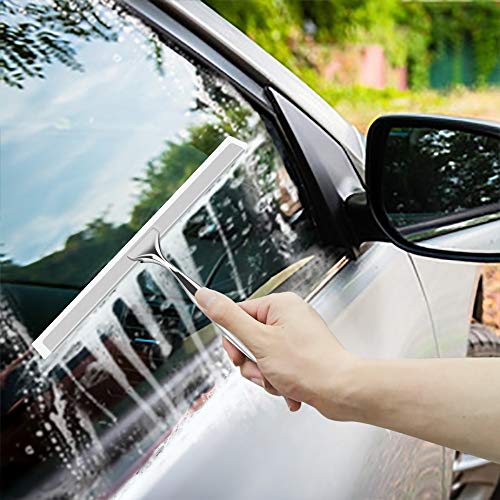 BININBOX Shower Squeegee for Shower Doors, Window, Bathroom, Mirror and Car Glass, All-Purpose Cleaning Squeegee with Powerful Suction Cup Hooks Holder – Stainless Steel, 10 Inches. (Silver)