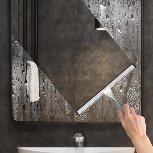 Stainless Steel Shower Squeegee for Shower Glass Door with Adhesive Hooks, Bathroom Cleaner Tool Household Window Mirror Squeegee, Cleaning Tile Wall, Car, 10 Inch Silver