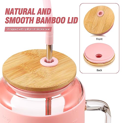 WINSA 50 oz Glass Water Bottles with Silicone Sleeve,Glass Tumbler with Lid and Straw,Iced Coffee Cup with Handle,BPA Free-Pink - color: Pink