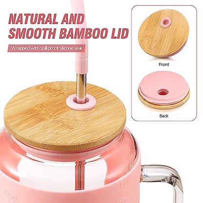 WINSA 50 oz Glass Water Bottles with Silicone Sleeve,Glass Tumbler with Lid and Straw,Iced Coffee Cup with Handle,BPA Free-Pink - color: Pink