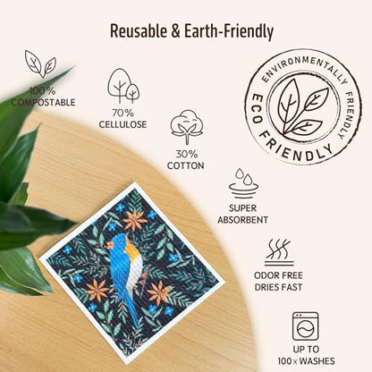 Swedish Dishcloths for Kitchen, 5 Pack Reusable Paper Towels Washable, Super Absorbent Kitchen Towels, No Odor Dish Rags, Biodegradable, Quick Drying, Dishwasher Safe - color: 5 Count- Flowers and Birds