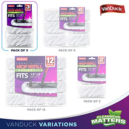 VanDuck 100% Cotton Terry Mop Pads 15x8 Inches, 3-Pack (Mop Not Included) | Reusable terry cloth mop covers, cotton replacement pads, floor cleaning refills, machine washable