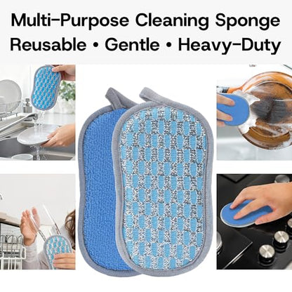 Multi-Purpose Scrub Sponges Kitchen – 12 Pack Dish Sponge, Dual-Sided Non-Scratch Microfiber & Metal Scrubber, Reusable Sponges for Dishes, Pots, Glass, Sink, Stovetop & Bathroom (Blue) - color: Blue