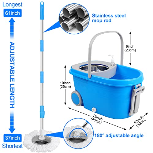 Spin Mop & Bucket, 360 Spinning Mop Bucket Kit, Stainless Steel Bucket Wringer Set, Plus 3 Replacement Head Refills, 360 Spinning Mopping System, 61" Extended Handle for Floor Cleaning (Blue) - color: Blue-2