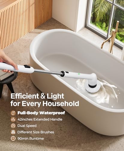 LyriFine Electric Spin Scrubber, New Full-Body IPX7 Waterproof Bathroom Cleaner Brush, Shower Scrubber with Long Handle & 2 Speed, Heads Replacement, Cleaning Supplies for Tub Shower Tile Floor - color: Classic Black