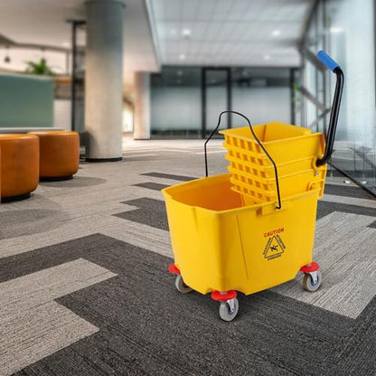 Side-Press Mop Bucket 36 L/9.5 Gallons | Heavy-Duty Plastic Wringer | One-Hand Squeeze & Non-Spill Wheels | for Home/Commercial Floor Cleaning (Yellow, 9.5 Gallons/38 Quart)