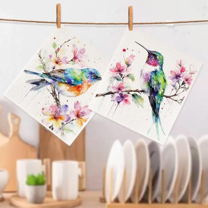 Bird Swedish Dishcloths 2 Pcs for Kitchen, Absorbent Reusable Cellulose Sponge Cloths, Washable Eco Friendly Kitchen Towels for Housewarming & Home, Nature Themed Cleaning Supplies - color: Sz 1439