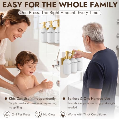 KOUCHU Shampoo and Conditioner Dispenser - Wall Mounted Shower Soap Dispenser - 17oz No-Drill Refillable Plastic Bottles with Stainless Steel Pump for Bathroom - Includes Soap Dish and Hook (Gold) - color: Gold