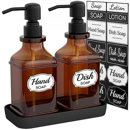 LMQML Soap Dispenser - 2 Pack, Antique Design Thick Amber Glass Hand Soap Dispensers with Sturdy Tray; 304 Rust Proof Stainless Steel Black Pump, 12Pcs Stickers, for Kitchen, Bathroom- Black - color: Brushed-black