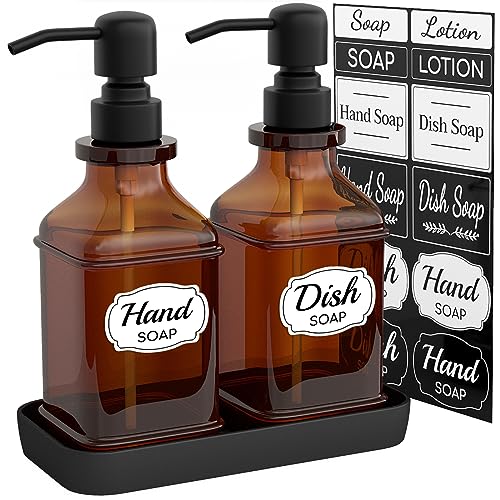 LMQML Soap Dispenser - 2 Pack, Antique Design Thick Amber Glass Hand Soap Dispensers with Sturdy Tray; 304 Rust Proof Stainless Steel Black Pump, 12Pcs Stickers, for Kitchen, Bathroom- Black - color: Brushed-black