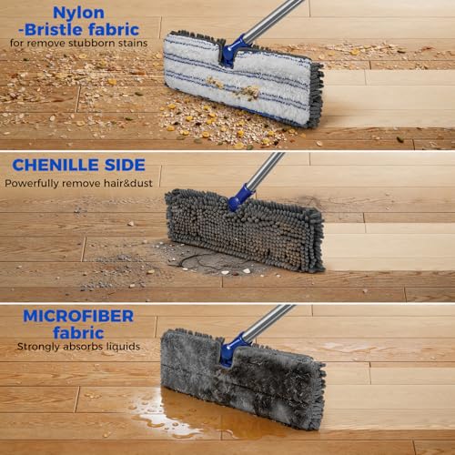 Masthome Microfiber Flat Mop, 16" Wide Floor Mop with 4 Reusable Pads & Hair Scraper, 360° Swivel Dual Sided Flip Mops, Wet Dry Dust Mop for Hardwood, Laminate, Tile, Pet Hai - color: Blue Professional