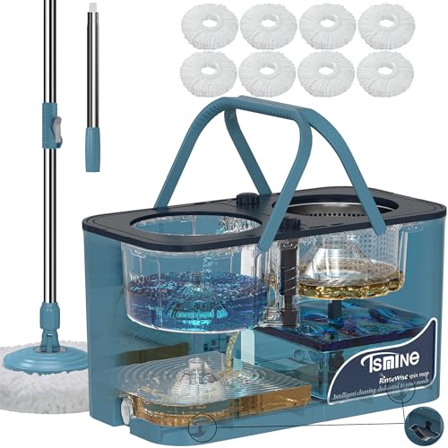 Gen 1 Large-Capacity Spin Mop and Bucket – for Big Homes & Deep Cleaning Days,4-Chamber System Separates Dirty & Clean Water, 2-GAL Heavy-Duty Design with Wheels & 8 Refill Mop Heads - Blue/Grey - size: Large Gen 1- Blue/Grey+8 Mop Heads