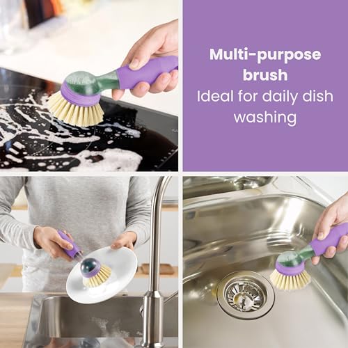 Vigar Rengo Dish Brush with Soap Dispenser - Dish Scrubber with Handle, Kitchen Scrub Brush for Dishes, Sink Cleaning Brush, Soap Dispensing Dish Wand with Nylon Bristles, Non Scratch - Purple - color: Purple