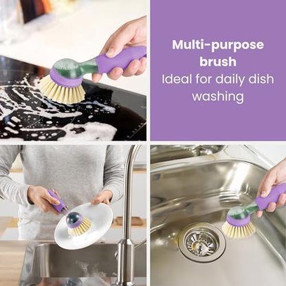 Vigar Rengo Dish Brush with Soap Dispenser - Dish Scrubber with Handle, Kitchen Scrub Brush for Dishes, Sink Cleaning Brush, Soap Dispensing Dish Wand with Nylon Bristles, Non Scratch - Purple - color: Purple
