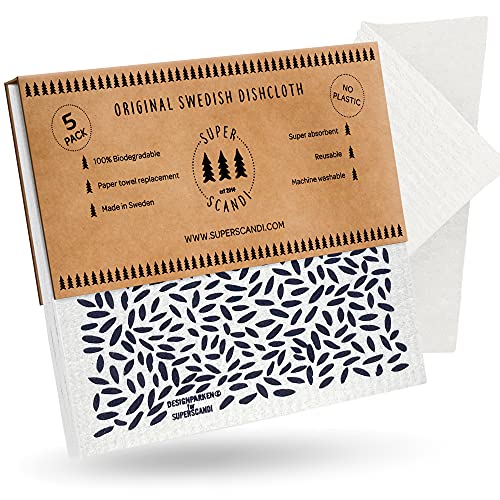 SUPERSCANDI 5 Pack Swedish Dishcloths for Kitchen - 100% Biodegradable & Compostable Reusable Paper Towels Washable, Food-Safe & Without Plastic - Dish Rags Suitable for Any Surface, Leaves - color: Leaves
