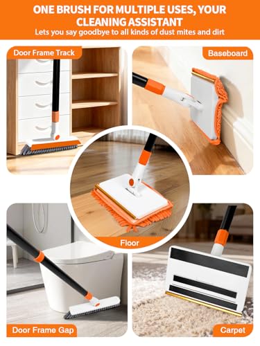 4-in-1 Baseboard Cleaning Tool with Extendable Handle 5 Reusable Pads 1 Carpet Rake Stiff Bristle Brush Multi-Surface Baseboard Brush for Cleaning Baseboard Wall Carpet Floor Bathroom Kitchen Pet Hair