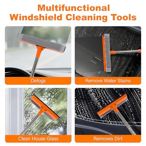 Conliwell 2 in 1 Car Windshield Squeegees with 15.3"-23.6" Retractable Stainless Steel Handle, Auto Glass Wiper Kit, Supplies Suitable for Trucks, SUVs, RVs Window, Orange