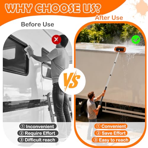 LAANPOLE 12FT Car Wash Brush with Long Handle, Car Cleaning Kit with Soft Bristle Wash Brush, Microfiber Cleaning Mop, Window Squeegee, Mitt, Wheel Brush for RV, Truck, Boat, House Siding - size: 12FT