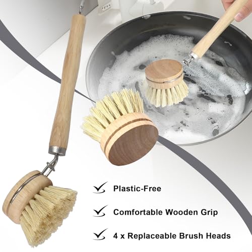 Wooden Dish Brush Set, 4 Natural Bristle Replacement Heads with 1 Sturdy Wooden Handle, Sisal Kitchen Scrub Brush for Pots, Pans, Vegetables and Cookware - size: Medium Hard