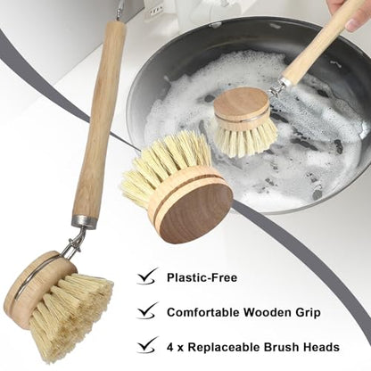 Wooden Dish Brush Set, 4 Natural Bristle Replacement Heads with 1 Sturdy Wooden Handle, Sisal Kitchen Scrub Brush for Pots, Pans, Vegetables and Cookware - size: Medium Hard