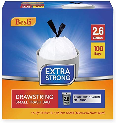 Besli 2.6 Gallon Drawstring Trash Bag Small Garbage Bag,100 Counts (White, 2.6 Gallon) - style: 2.6 Gallon
